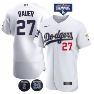 Men's Los Angeles Dodgers Trevor Bauer Jersey World Series Champions Special Edition White Gold