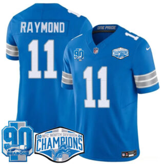Men's Detroit Lions #11 Kalif Raymond Blue 2024 NFC North Champions 90th Anniversary Patch F.U.S.E. Vapor Limited Stitched Jersey