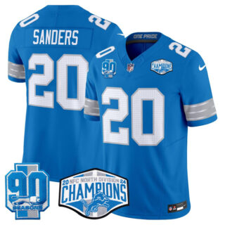 Men's Detroit Lions #20 Barry Sanders Blue 2024 NFC North Champions 90th Anniversary Patch F.U.S.E. Vapor Limited Stitched Jersey
