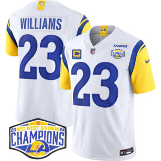 Men's Los Angeles Rams #23 Kyren Williams White 2024 NFC West Champions With 4-Star C Patch F.U.S.E. Vapor Untouchable Stitched Football Jersey