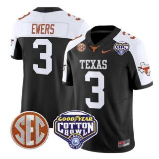Men's Texas Longhorns #3 Quinn Ewers Black White F.U.S.E. Cotton Bowl Patch Vapor Limited Stitched Jersey