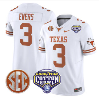 Men's Texas Longhorns #3 Quinn Ewers White F.U.S.E. Cotton Bowl Patch Vapor Limited Stitched Jersey