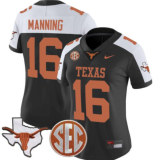 Women's Texas Longhorns #16 Arch Manning Black White Map & SEC Patch Stitched Football Jersey(Run Small)