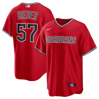Men's Cleveland Guardians #57 Shane Bieber Red Cool Base Stitched Baseball Jersey