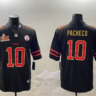 Men's Kansas City Chiefs #10 Isiah Pacheco Black Gold 2025 Super Bowl LIX Patch Vapor Limited Stitched Football Jersey