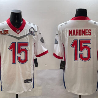 Men's Kansas City Chiefs #15 Patrick Mahomes White 2025 Super Bowl LIX Patch Pro Bowl Vapor Limited Stitched Football Jersey