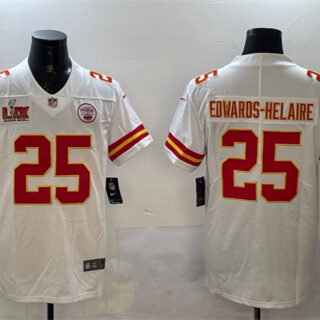 Men's Kansas City Chiefs #25 Clyde Edwards-Helaire White 2025 Super Bowl LIX Patch Vapor Untouchable Limited Stitched Football Jersey