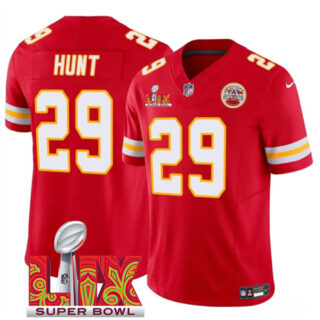 Men's Kansas City Chiefs #29 Kareem Hunt Red 2025 Super Bowl LIX Patch F.U.S.E. Vapor Limited Stitched Football Jersey