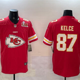 Men's Kansas City Chiefs #87 Travis Kelce Red 2025 Super Bowl LIX Patch Team Big Logo Vapor Limited Stitched Football Jersey