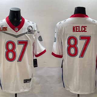 Men's Kansas City Chiefs #87 Travis Kelce White 2025 Super Bowl LIX Patch Pro Bowl Vapor Limited Stitched Football Jersey