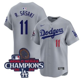 Men's Los Angeles Dodgers #11 Roki Sasaki Grey 2024 World Series Champions Limited Stitched Baseball Jersey