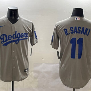 Men's Los Angeles Dodgers #11 Roki Sasaki Grey Cool Base Stitched Baseball Jersey
