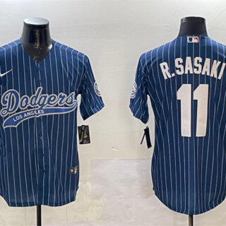 Men's Los Angeles Dodgers #11 Roki Sasaki Navy With Patch Cool Base Stitched Baseball Jersey