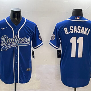 Men's Los Angeles Dodgers #11 Roki Sasaki Royal With Patch Cool Base Stitched Baseball Jersey