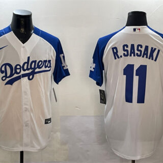 Men's Los Angeles Dodgers #11 Roki Sasaki White Blue Cool Base Stitched Baseball Jersey