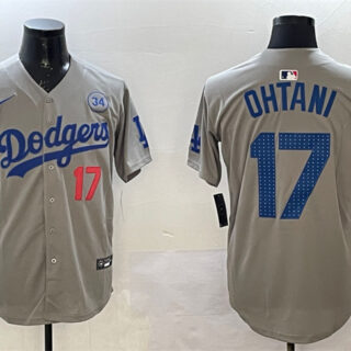 Men's Los Angeles Dodgers #17 Shohei Ohtani Grey 2024 World Series With No. 34 Patch Limited Stitched Baseball Jersey