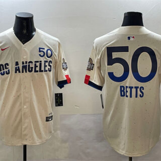 Men's Los Angeles Dodgers #50 Mookie Betts Cream 2024 World Series Patch City Connect Limited Stitched Baseball Jersey