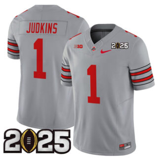 Men's Ohio State Buckeyes #1 Quinshon Judkins Grey 2025 CFP Final Patch F.U.S.E. Vapor Limited Stitched Football Jersey