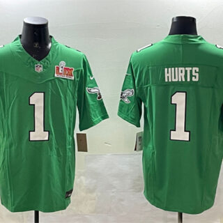 Men's Philadelphia Eagles #1 Jalen Hurts Green 2025 Super Bowl LIX Patch F.U.S.E. Throwback Vapor Untouchable Limited Stitched Football Jersey