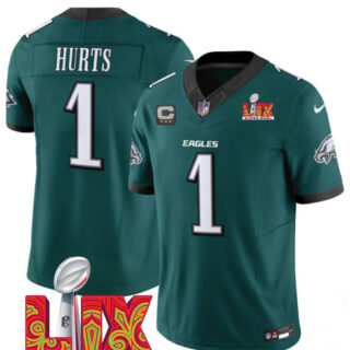Men's Philadelphia Eagles #1 Jalen Hurts Green 2025 Super Bowl LIX Patch With 3-Star C Patch New F.U.S.E. Vapor Untouchable Limited Stitched Football Jersey