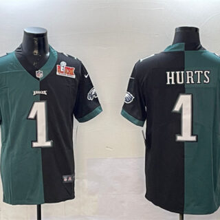 Men's Philadelphia Eagles #1 Jalen Hurts Green & Black Split 2025 Super Bowl LIX Patch Vapor Untouchable Limited Stitched Football Jersey