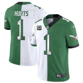Men's Philadelphia Eagles #1 Jalen Hurts Green White Split 2025 With 3-Star C Patch Vapor Limited Stitched Football Jersey