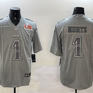 Men's Philadelphia Eagles #1 Jalen Hurts Grey 2025 Super Bowl LIX Patch Atmosphere Fashion Vapor Untouchable Limited Stitched Football Jersey