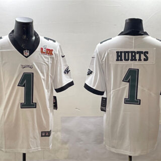 Men's Philadelphia Eagles #1 Jalen Hurts White 2025 Super Bowl LIX Patch Vapor Untouchable Limited Stitched Football Jersey
