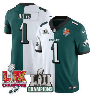 Men's Philadelphia Eagles #1 Jalen Hurts White Green Split 2025 LII-LIX Super Bowl Champions Patch F.U.S.E. Vapor Untouchable Limited Stitched Football Jersey