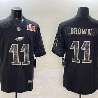 Men's Philadelphia Eagles #11 A.J. Brown Black 2025 Super Bowl LIX Patch Reflective Vapor Untouchable Limited Stitched Football Jersey