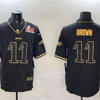 Men's Philadelphia Eagles #11 A. J. Brown Black Gold 2025 Super Bowl LIX Patch Salute To Service Vapor Untouchable Limited Stitched Football Jersey