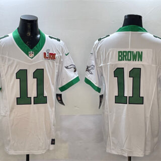 Men's Philadelphia Eagles #11 A.J. Brown White 2025 Super Bowl LIX Patch F.U.S.E. Vapor Untouchable Limited Stitched Football Jersey