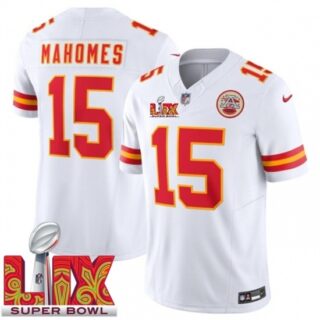 Men's Kansas City Chiefs Patrick Mahomes #15 White 2024 2025 Super Bowl LIX F U S E Stitched Jersey