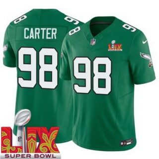 Men's Philadelphia Eagles Jalen Carter #98 Kelly Green 2024 2025 Super Bowl LIX F U S E Stitched NFL Jersey