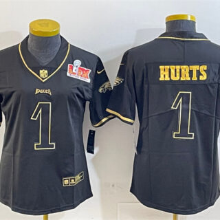 Women's Philadelphia Eagles #1 Jalen Hurts Black Gold 2025 Super Bowl LIX Patch Salute To Service Vapor Untouchable Limited Stitched Football Jersey(Run Small)