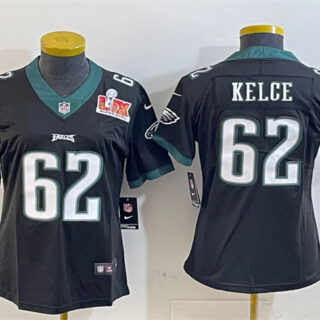 Women's Philadelphia Eagles #62 Jason Kelce Black 2025 Super Bowl LIX Patch Vapor Untouchable Limited Stitched Football Jersey(Run Small)