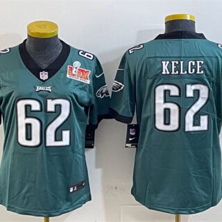Women's Philadelphia Eagles #62 Jason Kelce Green 2025 Super Bowl LIX Patch Vapor Untouchable Limited Stitched Football Jersey(Run Small)