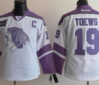 Women's Chicago Blackhawks #19 Jonathan Toews White Fights Cancer Jersey