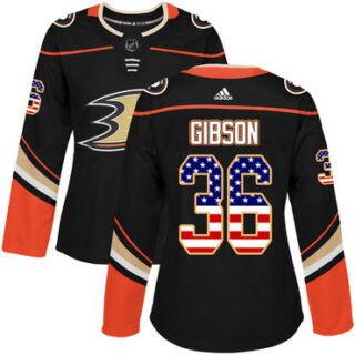 Women's Anaheim Ducks #36 John Gibson Black Home Authentic USA Flag Stitched NHL Jersey