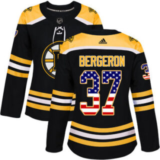 Women's Boston Bruins #37 Patrice Bergeron Black Home Authentic USA Flag Stitched NHL Jersey