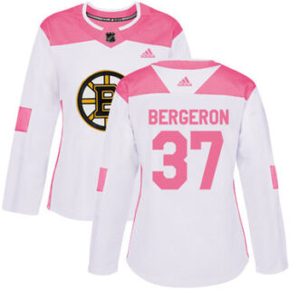 Women's Boston Bruins #37 Patrice Bergeron White Pink Authentic Fashion Stitched NHL Jersey