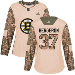 Women's Boston Bruins #37 Patrice Bergeron Camo Authentic 2017 Veterans Day Stitched NHL Jersey