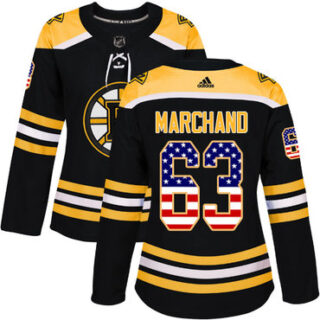 Women's Boston Bruins #63 Brad Marchand Black Home Authentic USA Flag Stitched NHL Jersey