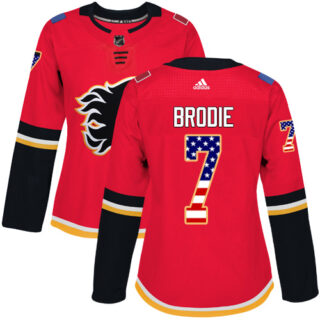 Women's Calgary Flames #7 TJ Brodie Red Home Authentic USA Flag Stitched NHL Jersey