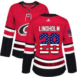 Women's Carolina Hurricanes #28 Elias Lindholm Red Home Authentic USA Flag Stitched NHL Jersey