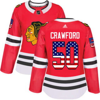 Women's Chicago Blackhawks #50 Corey Crawford Red Home Authentic USA Flag Stitched NHL Jersey