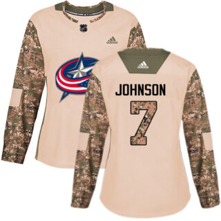 Women's Columbus Blue Jackets #7 Jack Johnson Camo Authentic 2017 Veterans Day Stitched NHL Jersey