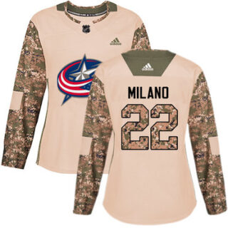Women's Columbus Blue Jackets #22 Sonny Milano Camo Authentic 2017 Veterans Day Stitched NHL Jersey