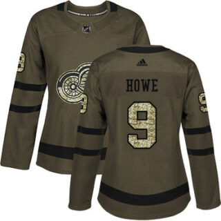 Women's Detroit Red Wings #9 Gordie Howe Green Salute to Service Stitched NHL Jersey