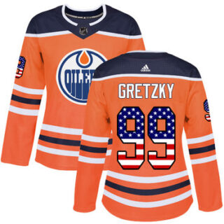 Women's Edmonton Oilers #99 Wayne Gretzky Orange Home Authentic USA Flag Stitched NHL Jersey